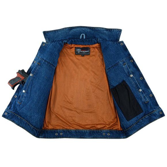 Men's Blue Denim Vest with Collar and concealed carry pocket - Picture 4 of 7